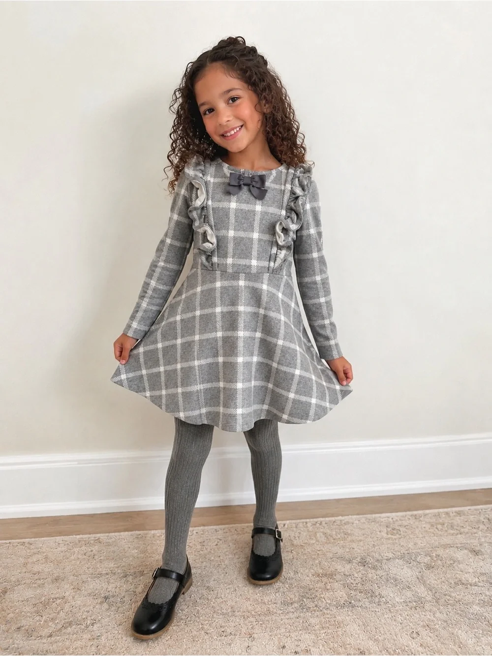 Janie and Jack Girls Charcoal Plaid Ruffle Dress Gray Size 7